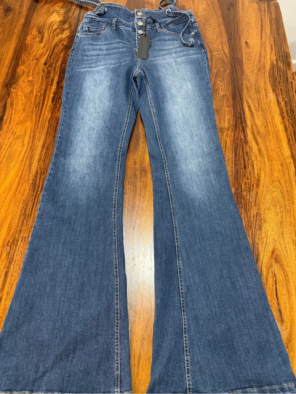 NWT Black Label Overall Flare Jeans M High Rise Button Fly Suspender Y2K Long